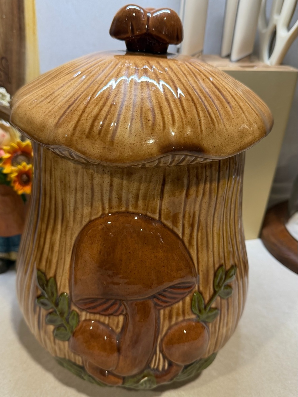 Ceramic Mushroom Canister in Brown – Decorative Home Art